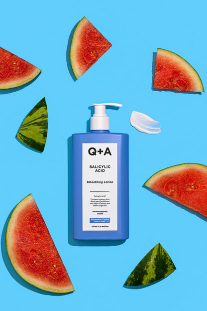 Q+A Salicylic Acid Smoothing Lotion Bodycare Watermelons White Cream Blue Backround